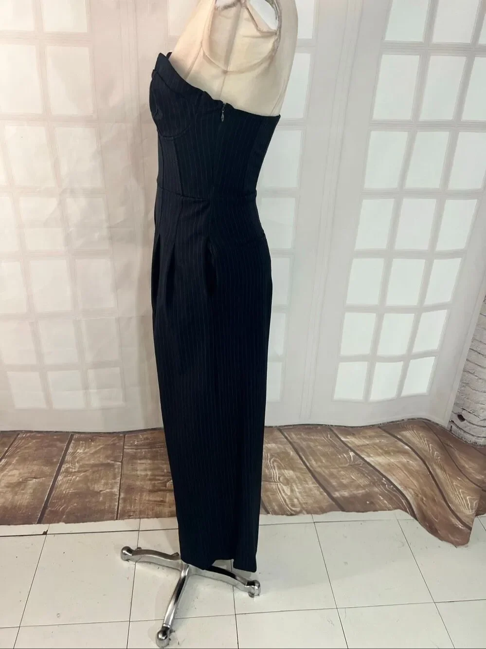 Anthropologie Dark Navy White Tailored Wide Leg Corset Pinstripe Jumpsuit Size 2